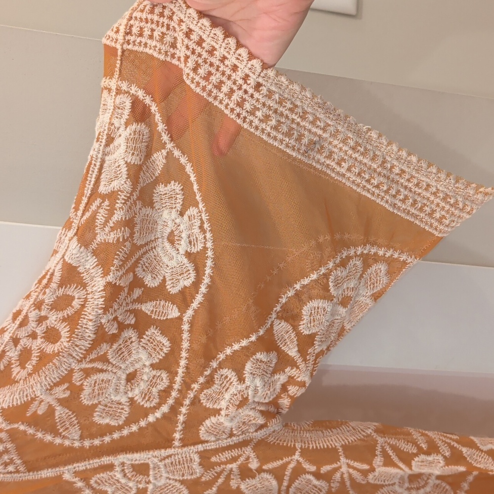 Bohemian Kimono in Mesh Tangerine With Cream Embroidery With Wide Sleeves - Picture 4 of 9